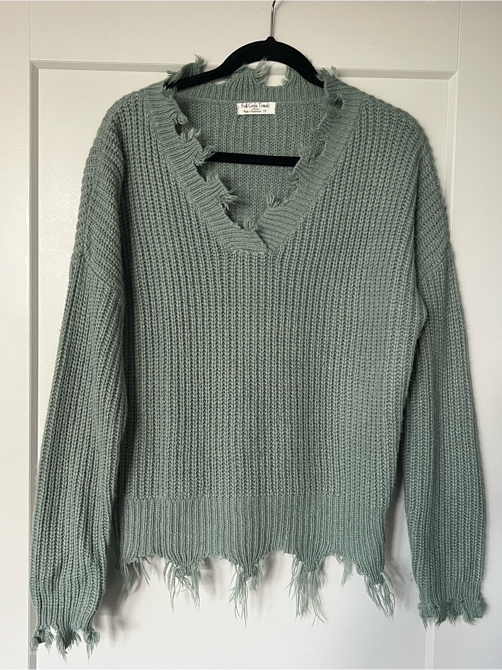 Relaxed V-Neck Distressed Knit Sweater - Sage Green